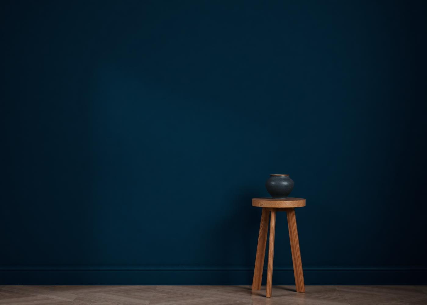 Parede em azul petróleo com banco de carvalho