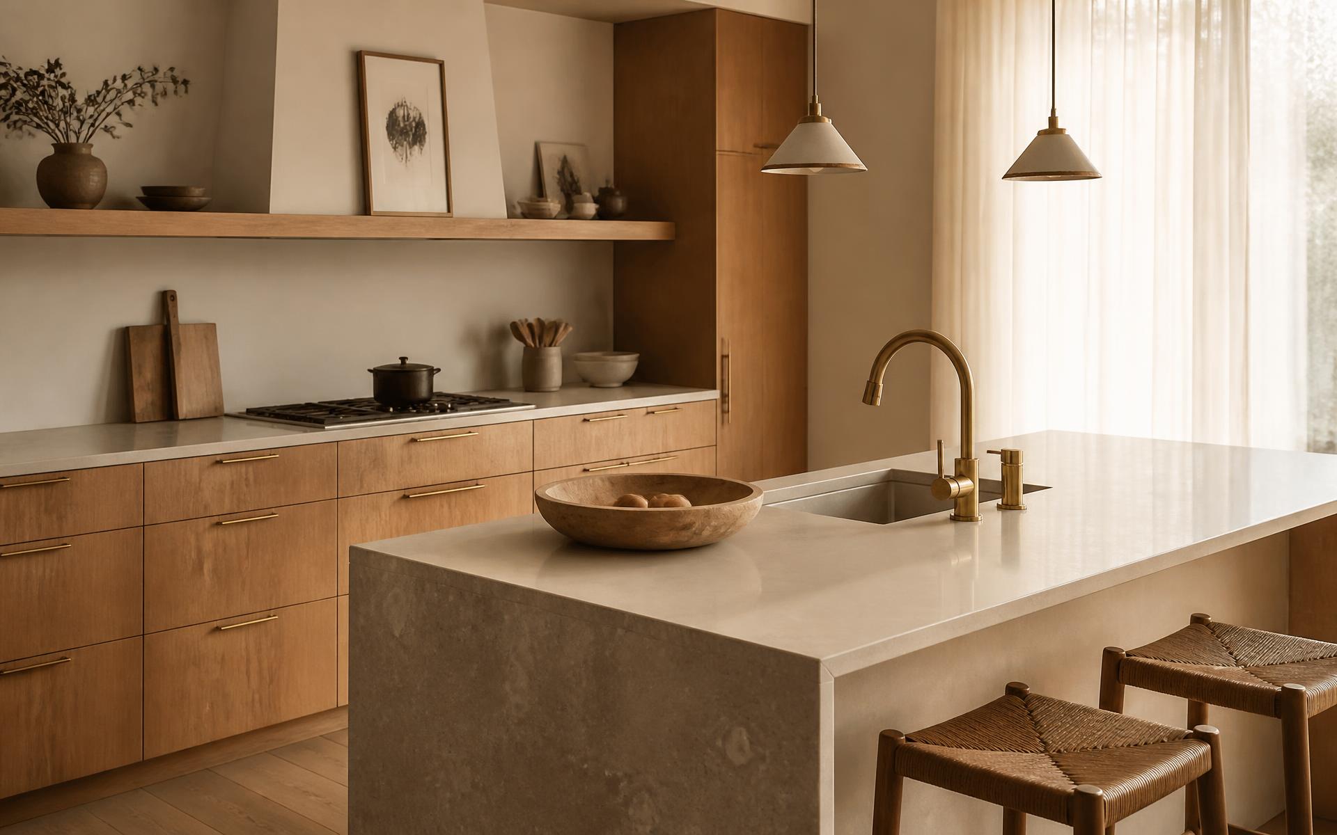 Cozinha contemporânea em carvalho e pedra