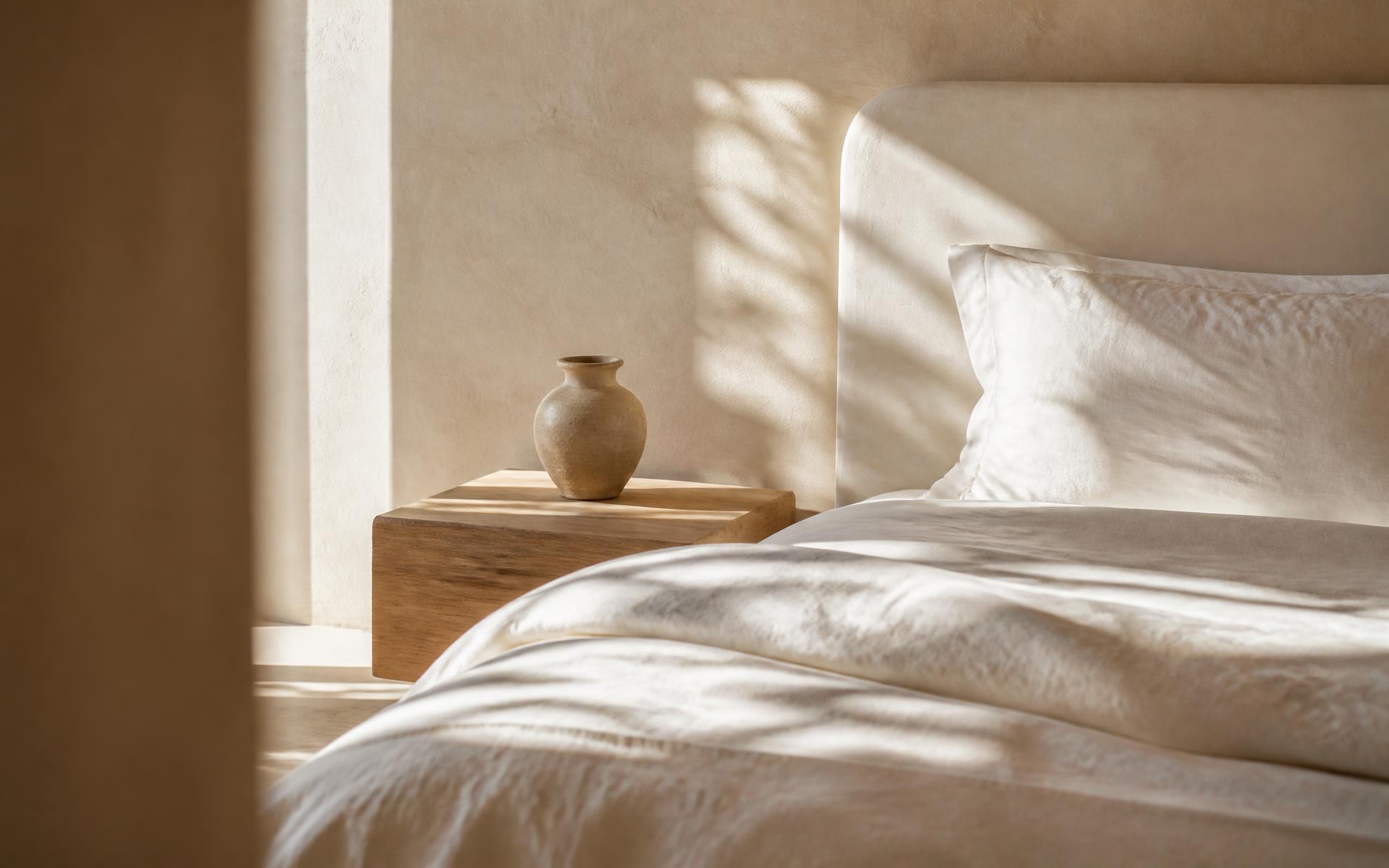 Quarto minimalista com roupa de cama em linho